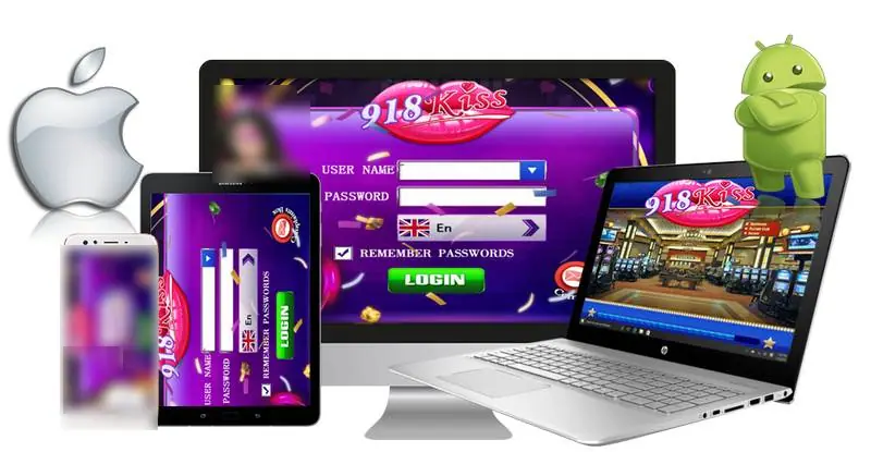 Promotional mock-up of the 918Kiss login screen on a monitor, tablet and phone, with User Name and Password fields, a language selector and a Login button