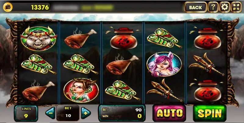 Evil King OX on AAA with the ox king, fan, wine jar and trident symbols on 5 reels, 9 lines and a bet of 10