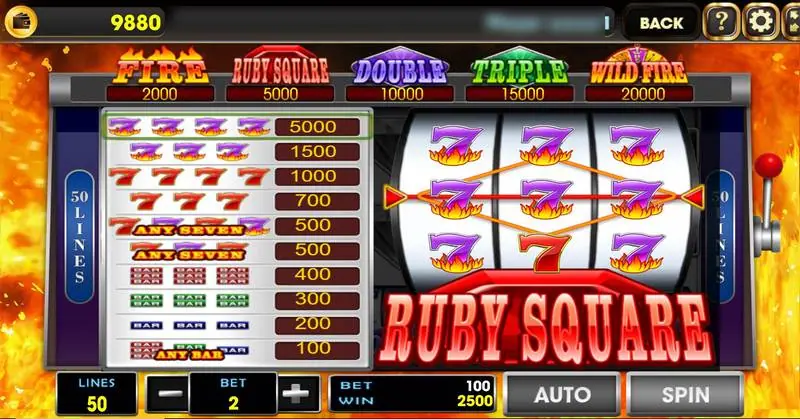 Hot Seven reels on AAA with sevens, bar stacks and a diamond, and the Fire to Wild Fire jackpot boxes above