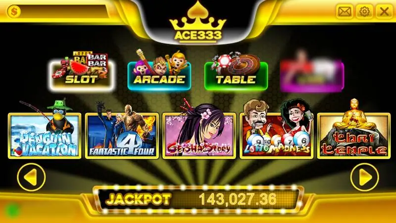 ACE333 lobby with Slot, Arcade, Table and Live tabs, a row of game tiles and a jackpot counter