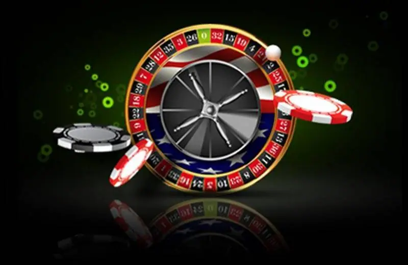 Illustrated roulette wheel with a white ball and red and black-and-white casino chips on a dark green background