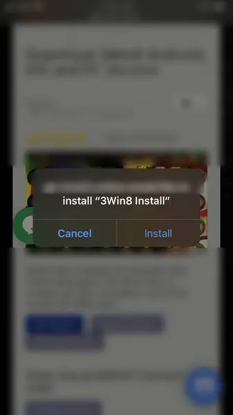 iOS dialog asking to install 3Win8 Install, with Cancel and Install buttons over a dimmed web page