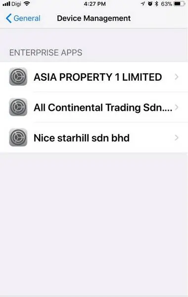 Device Management screen listing three enterprise app developer profiles