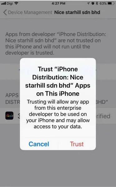 Trust confirmation pop-up warning that apps from this enterprise developer may access your data