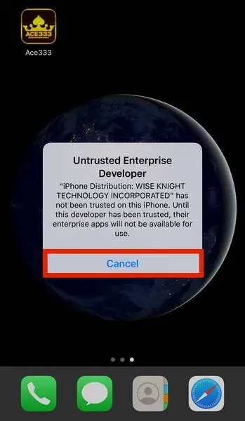 Untrusted Enterprise Developer warning naming the certificate company, with Cancel highlighted