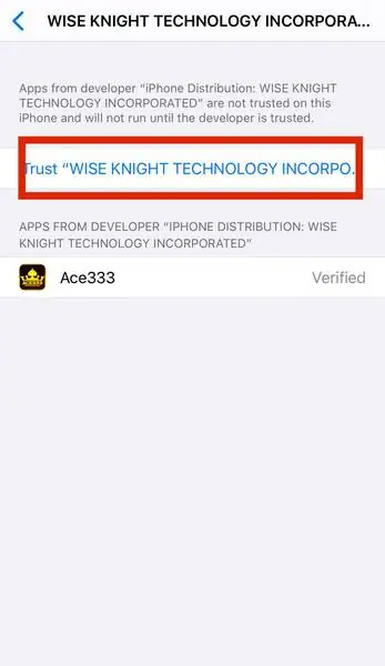 Developer profile page with the blue Trust line highlighted and Ace333 listed as Verified