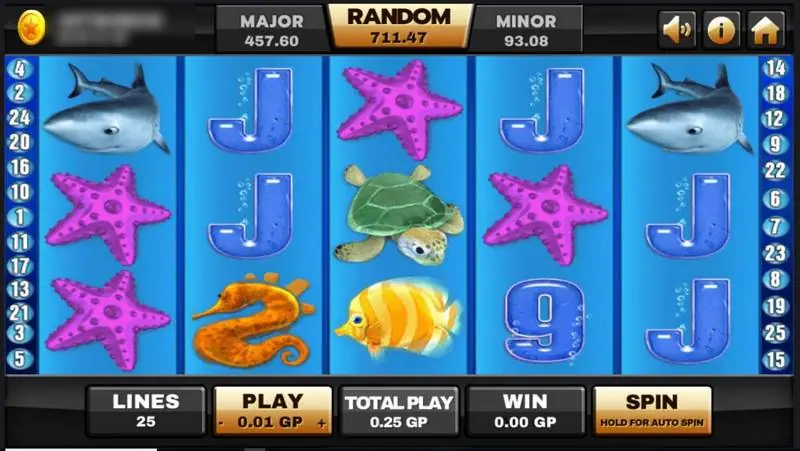 Joker123 ocean slot with starfish, a shark, a turtle and blue card ranks, 25 lines and 0.01 GP per line