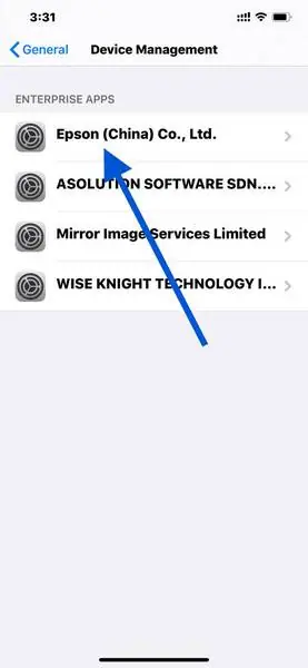 Device Management list with four enterprise app developer profiles, the first one highlighted
