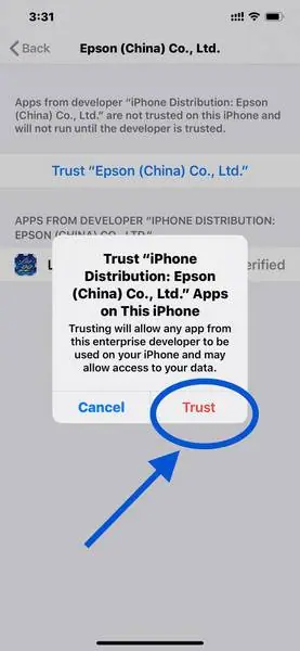 Pop-up asking to trust the enterprise developer's apps, warning they may access your data, with Trust circled