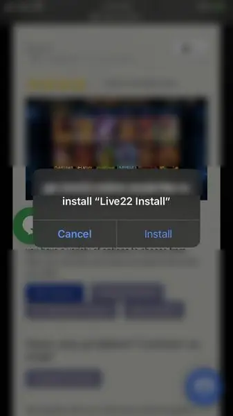 Safari dialog asking to install Live22 Install, with Cancel and Install buttons