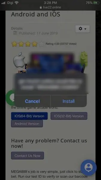 iPhone dialog asking to install MEGA888 CASINO with Cancel and Install buttons