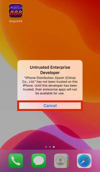Untrusted Enterprise Developer warning naming the certificate holder, with a Cancel button