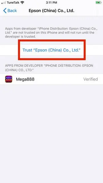 Developer page with a blue Trust link above the Mega888 entry