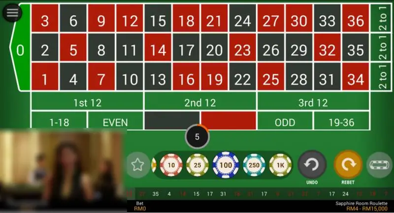 NTC33 live roulette betting grid with chips from 10 to 1K, Undo and Rebet buttons and a row of recent numbers