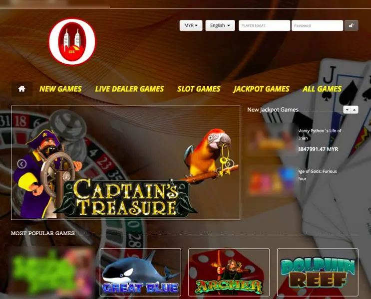 NTC33 web lobby with game category tabs, a Captain's Treasure banner, a jackpot box and a row of popular slot tiles