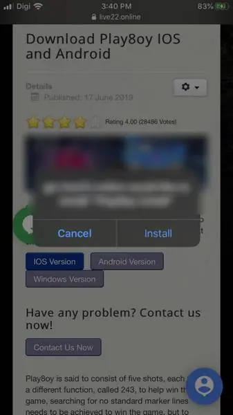 iPhone pop-up asking to install Play8oy Install, with Cancel and Install buttons