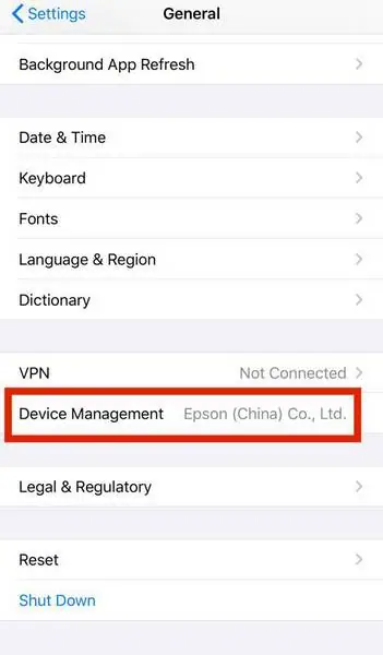 General settings list with the Device Management row showing the developer name highlighted