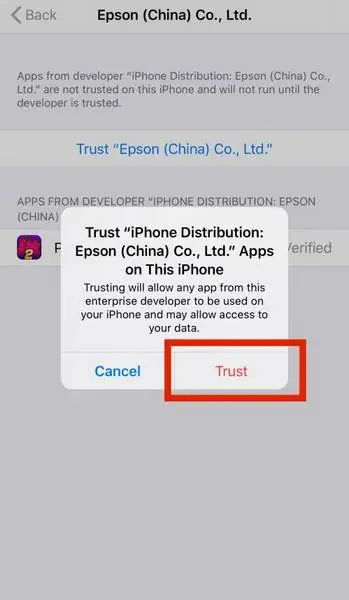 Confirmation box asking to trust the enterprise developer's apps, with the Trust button highlighted