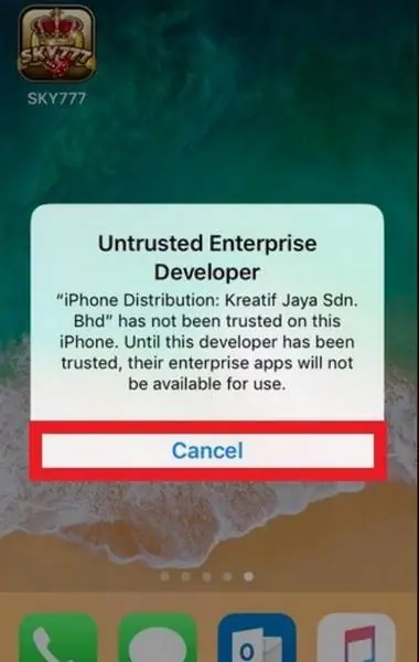 Untrusted Enterprise Developer message for Kreatif Jaya Sdn. Bhd with a Cancel button, SKY777 icon top left