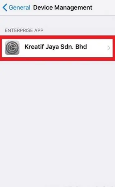 Device Management screen listing Kreatif Jaya Sdn. Bhd under Enterprise App