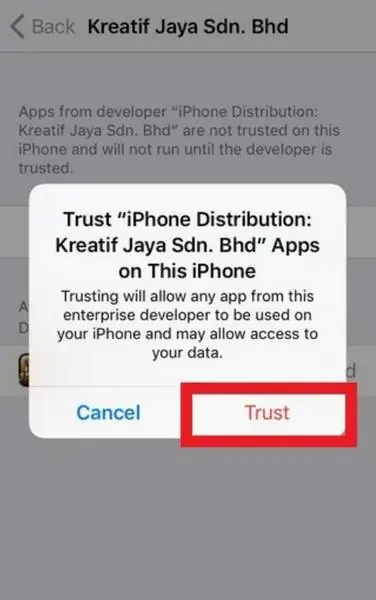 Trust confirmation box for Kreatif Jaya Sdn. Bhd apps with the red Trust button highlighted