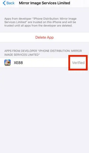 Developer page showing XE88 as Verified, with a Delete App button above
