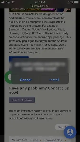 iPhone pop-up asking to install XE88 Install, with Cancel and Install buttons