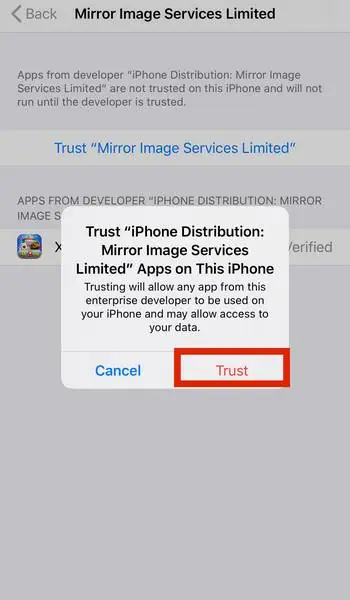 Confirmation box asking to trust Mirror Image Services Limited apps, with Trust highlighted in red