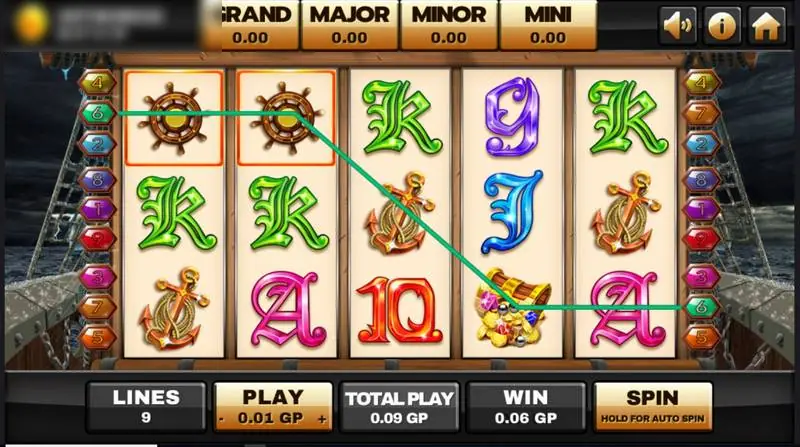 Captain's Treasure Progressive wins with ship's wheels on reels 1 and 2 and the chest on reel 4
