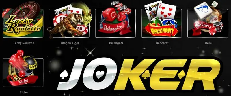 Joker123 lobby tiles for Lucky Roulette, Dragon Tiger, Belangkai, Baccarat, HuLu and Sicbo next to the Joker logo