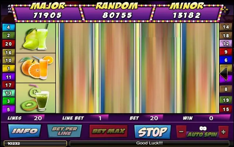 A Night Out reels mid-spin with pear, orange and kiwi smoothies on the first reel, Major, Random and Minor counters above and 20 numbered line tabs at the sides