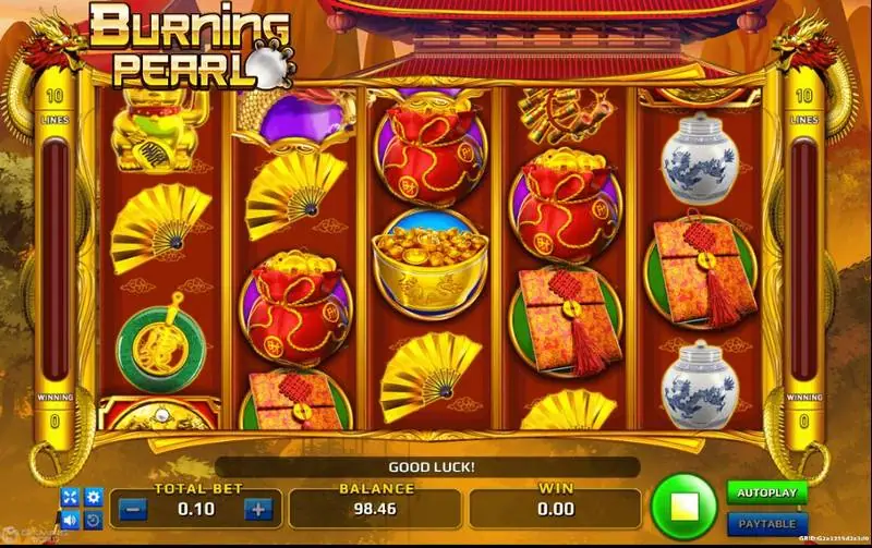 Burning Pearl reels with gold fans, porcelain jars, money bags, red envelopes and a gold ingot bowl
