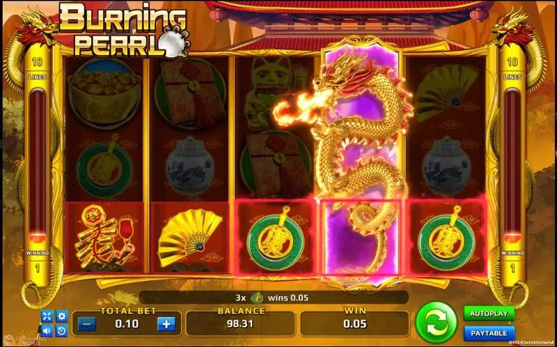 Burning Pearl reels with a golden dragon breathing fire and expanded over the whole of reel four, and three jade pendant symbols highlighted for a 0.05 win
