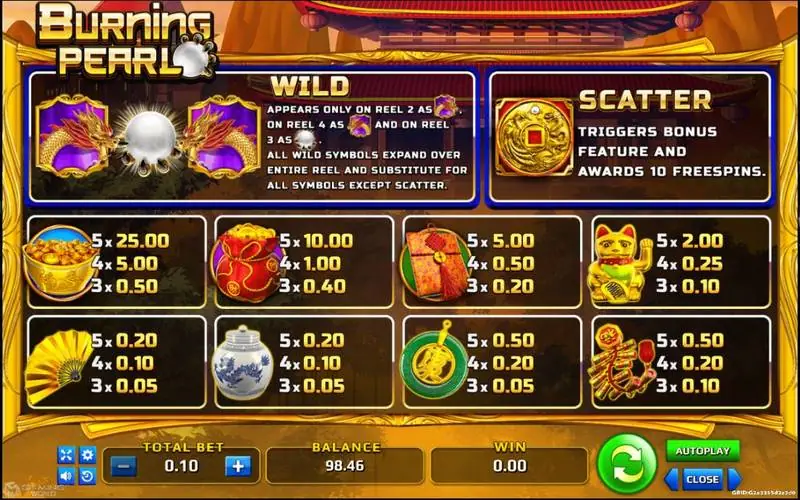 Burning Pearl paytable with the dragon and pearl wilds, the dragon coin scatter and symbol values at a 0.10 bet