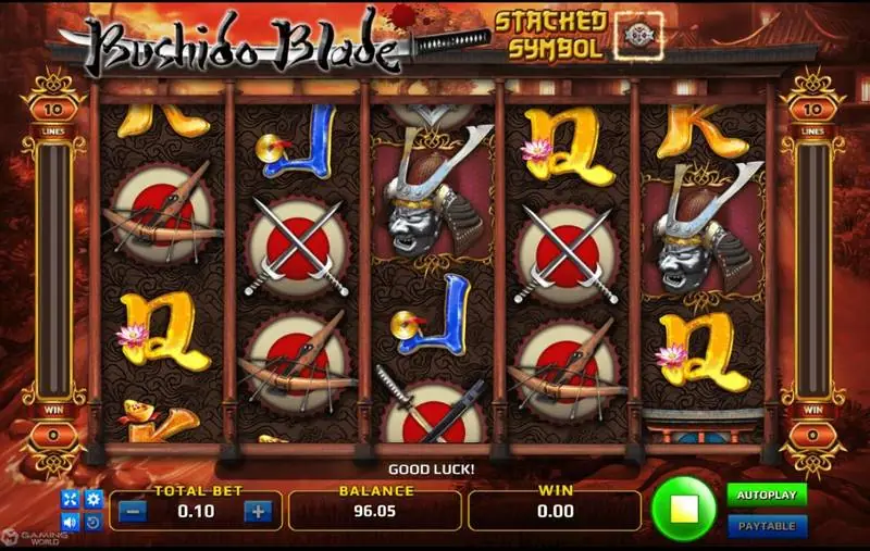 Bushido Blade reels with the Stacked Symbol badge showing a sword emblem, and crossed swords and crossbows stacked on several reels
