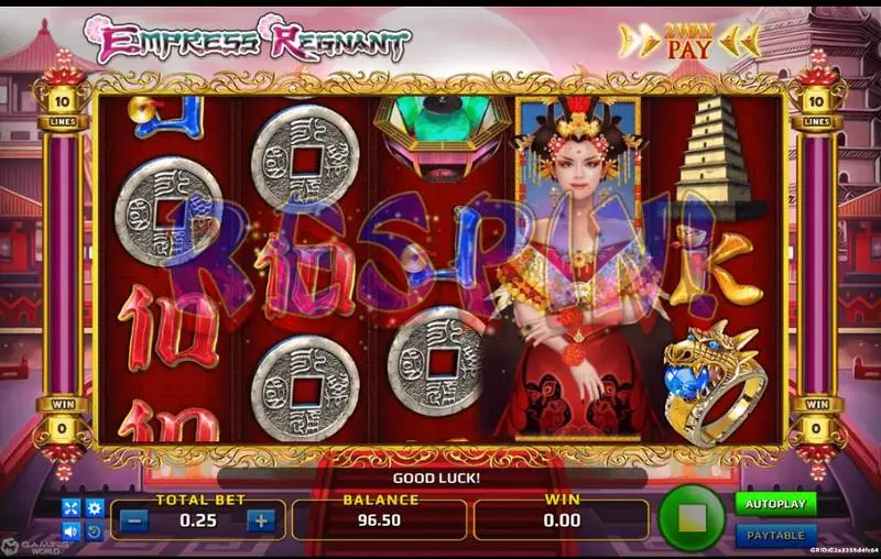 Empress Regnant reels with a large RESPIN banner and the empress wild's full portrait filling one reel