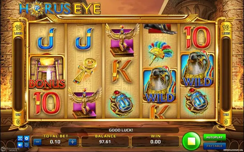 Horus Eye reels on a hieroglyph background with two Horus falcon wilds, a temple BONUS symbol, a golden ankh, a winged goddess and a scarab, with 10 lines markers