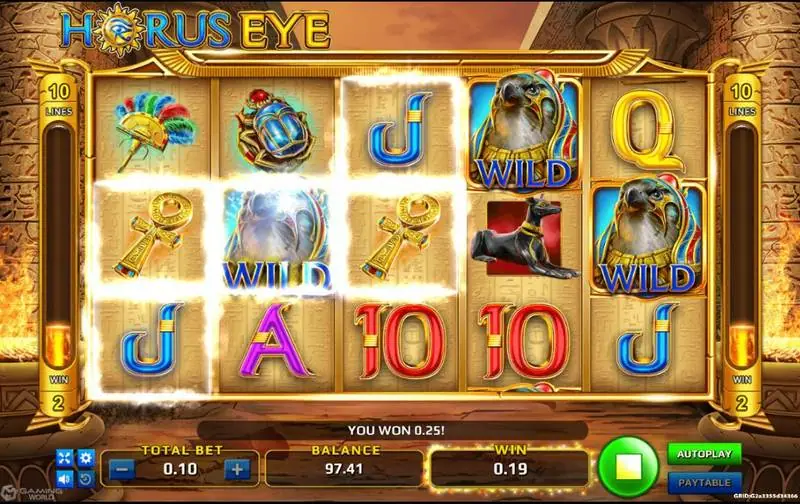 Horus Eye win with two ankh symbols and a Horus wild highlighted and You Won 0.25 in the message bar