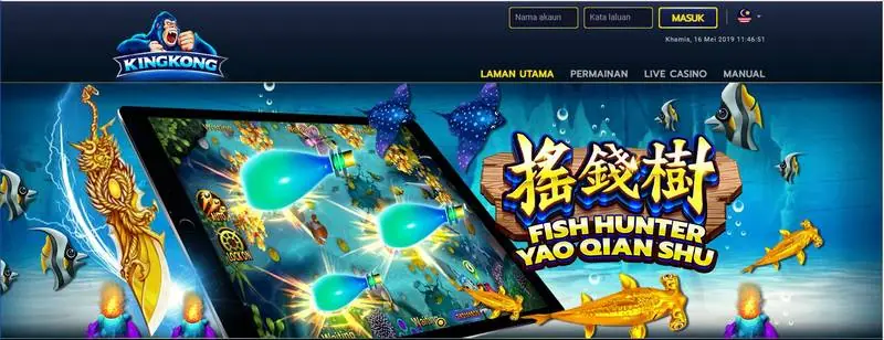 King Kong Casino website header with Malay login fields and tabs, and a banner for Fish Hunter Yao Qian Shu