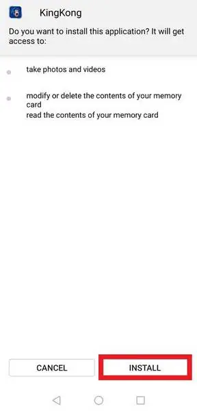 Android install screen for KingKong listing camera and memory card permissions with Cancel and Install buttons