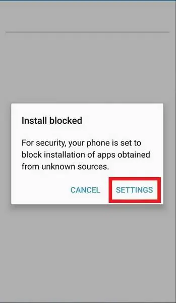 Install blocked dialog explaining that apps from unknown sources are blocked, with Settings highlighted