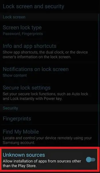Samsung Lock screen and security settings with the Unknown sources toggle highlighted at the bottom