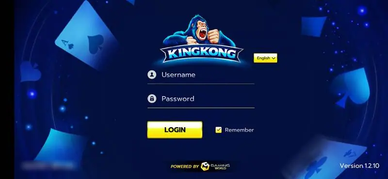 King Kong app login screen with a gorilla logo, Username and Password fields, a yellow Login button, a Remember tick box and Version 1.2.10 in the corner
