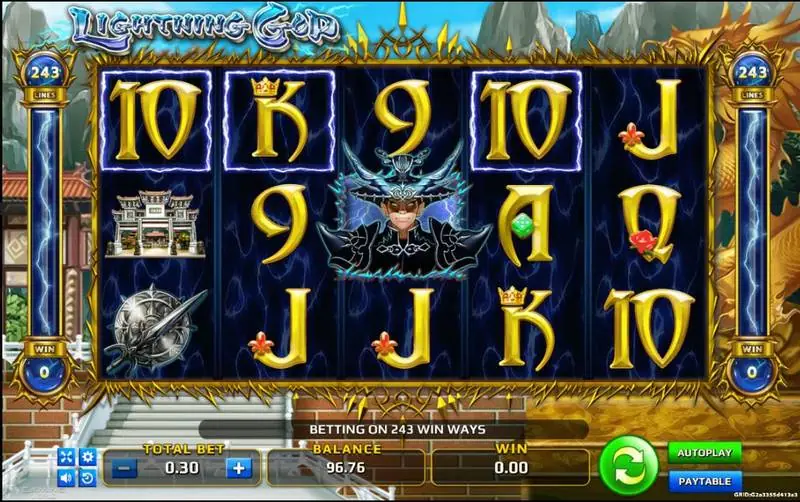 Lightning God reels with the warrior scatter on reel three and 10 and K symbols outlined on the top row