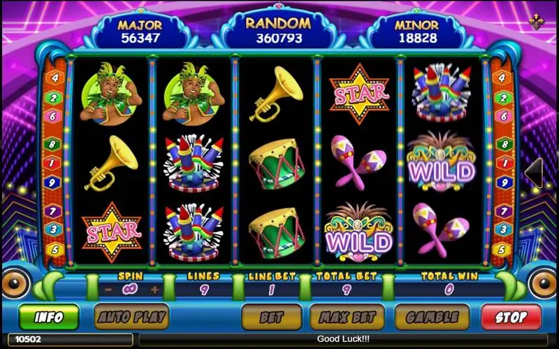 Mamamia carnival reels with a samba dancer in a feather headdress, trumpets, fireworks, drums, star symbols and two WILD masks, under Major, Random and Minor counters