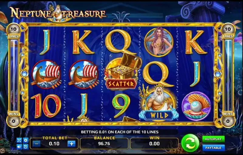 Neptune Treasure reels with a treasure chest scatter on reel three and a Neptune wild on reel four