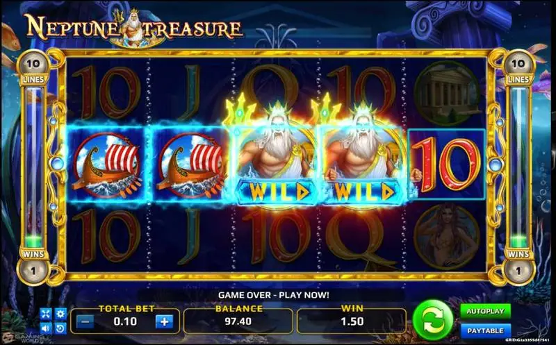 Neptune Treasure reels with two galley ships and two Neptune wild symbols lit up across the middle row for a win of 1.50
