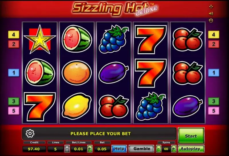 Sizzling Hot Deluxe reels with a star, watermelon, orange, grapes, plums, cherries and red 7s, line markers 1 to 5 on each side and Please Place Your Bet in the message bar