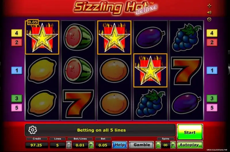 Three star scatters on reels one, three and four, each marked with a 0.05 prize