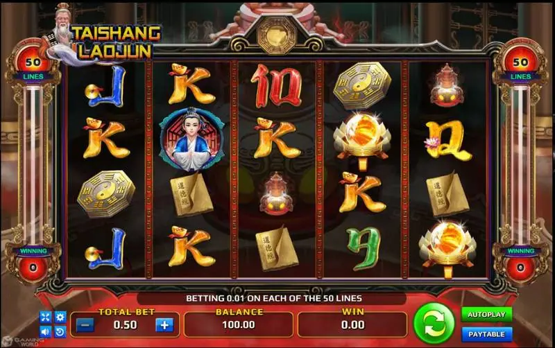 Tai Shang Lao Jun reels with the Tao Te Ching book, disciple and bagua symbols at a total bet of 0.50